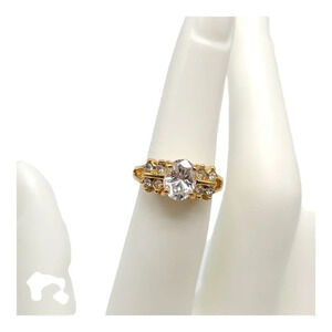 Clear Rhinestone Two Row Cocktail Ring Gold Tone Vintage Size 5